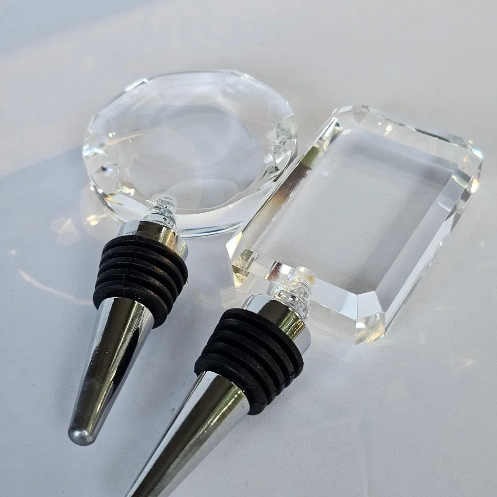 Vintage Glass Wine Bottle Stoppers Set Faceted Emerald‎ Round Cut Barware Decor